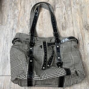 Vintage Houndstooth Wool Tote Bag Black Patent Leather Straps Studded Librarian